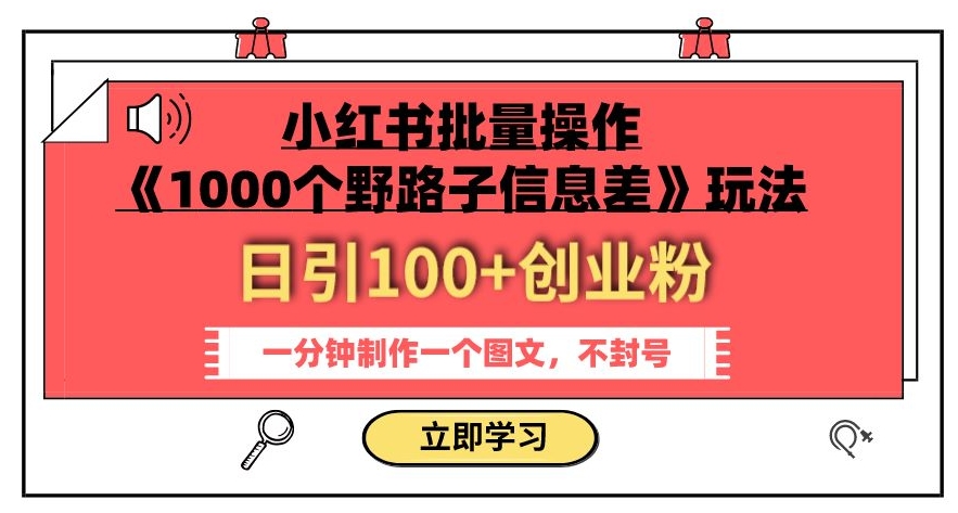 小红书批量操作《1000个野路子信息差》玩法，一分钟制作一个图文，不封号，日引100+创业粉-轻松搞定副业 - 高效赚钱方法和建议