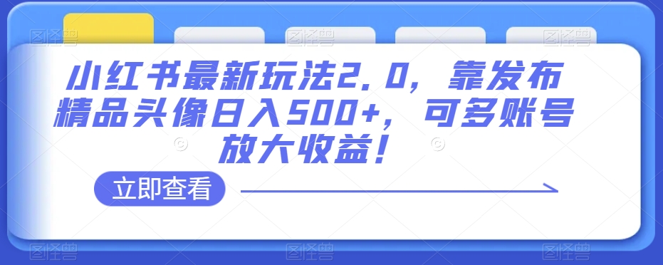小红书最新玩法2.0，靠发布精品头像日入500+，可多账号放大收益！【揭秘】-轻松搞定副业 - 高效赚钱方法和建议