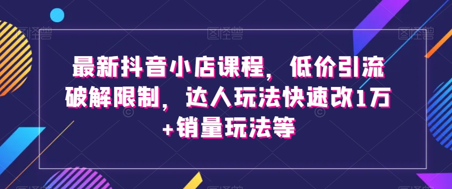 最新抖音小店课程，低价引流破解限制，达人玩法快速改1万+销量玩法等-轻松搞定副业 - 高效赚钱方法和建议