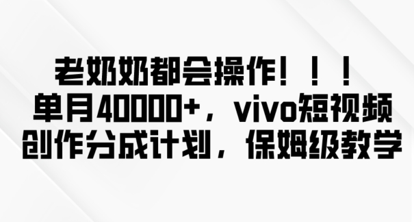 老奶奶都会操作，新平台无脑操作，单月40000+，vivo短视频创作分成计划【揭秘】-轻松搞定副业 - 高效赚钱方法和建议