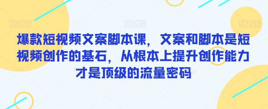 爆款短视频文案脚本课，文案和脚本是短视频创作的基石，从根本上提升创作能力才是顶级的流量密码-轻松搞定副业 - 高效赚钱方法和建议