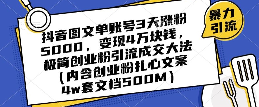 抖音图文单账号3天涨粉5000，变现4万块钱，极简创业粉引流成交大法-轻松搞定副业 - 高效赚钱方法和建议