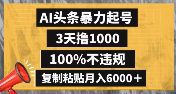 AI头条暴力起号，3天撸1000,100%不违规，复制粘贴月入6000＋【揭秘】-轻松搞定副业 - 高效赚钱方法和建议