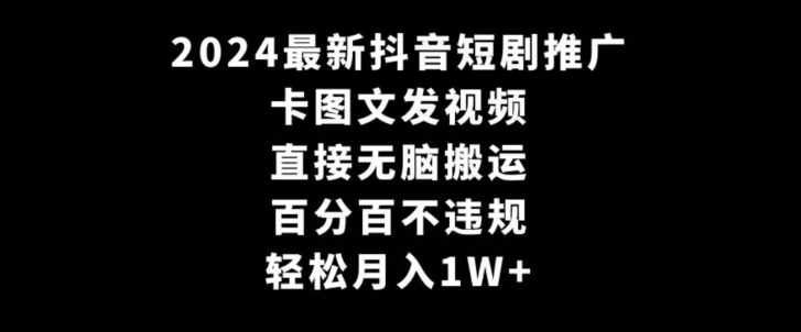 2024最新抖音短剧推广，卡图文发视频，直接无脑搬，百分百不违规，轻松月入1W+【揭秘】-轻松搞定副业 - 高效赚钱方法和建议