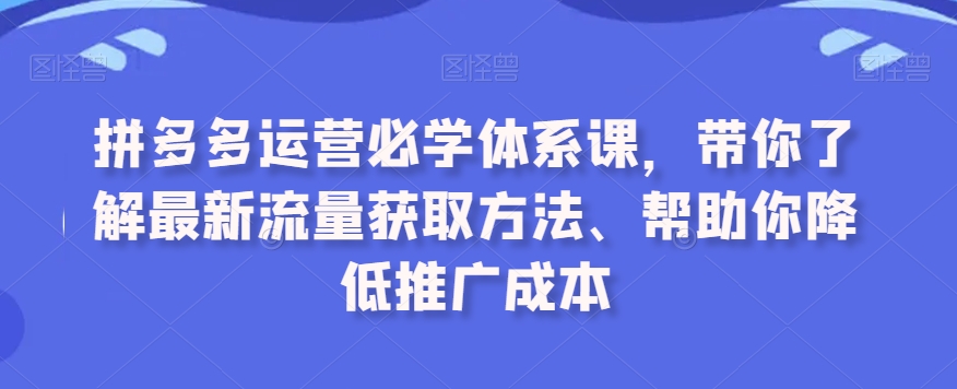 拼多多运营必学体系课,带你了解最新流量获取方法、帮助你降低推广成本