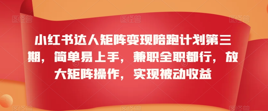 小红书达人矩阵变现陪跑计划第三期，简单易上手，兼职全职都行，放大矩阵操作，实现被动收益-轻松搞定副业 - 高效赚钱方法和建议