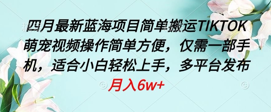 四月最新蓝海项目，简单搬运TIKTOK萌宠视频，操作简单方便，仅需一部手机【揭秘】-轻松搞定副业 - 高效赚钱方法和建议