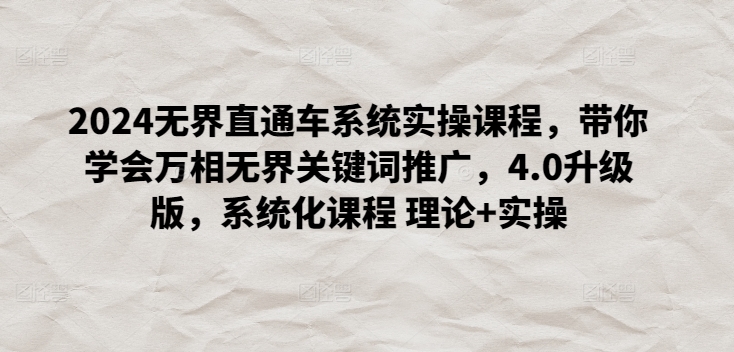 2024无界直通车系统实操课程，带你学会万相无界关键词推广，4.0升级版，系统化课程 理论+实操-轻松搞定副业 - 高效赚钱方法和建议