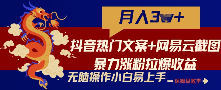 抖音热门文案+网易云截图暴力涨粉拉爆收益玩法，小白无脑操作，简单易上手【揭秘】-轻松搞定副业 - 高效赚钱方法和建议