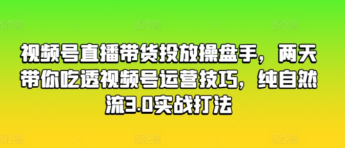 视频号直播带货投放操盘手，两天带你吃透视频号运营技巧，纯自然流3.0实战打法-轻松搞定副业 - 高效赚钱方法和建议
