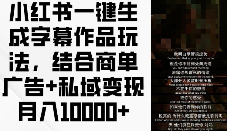 小红书一键生成字幕作品玩法，结合商单广告+私域变现月入1w+【揭秘】-轻松搞定副业 - 高效赚钱方法和建议