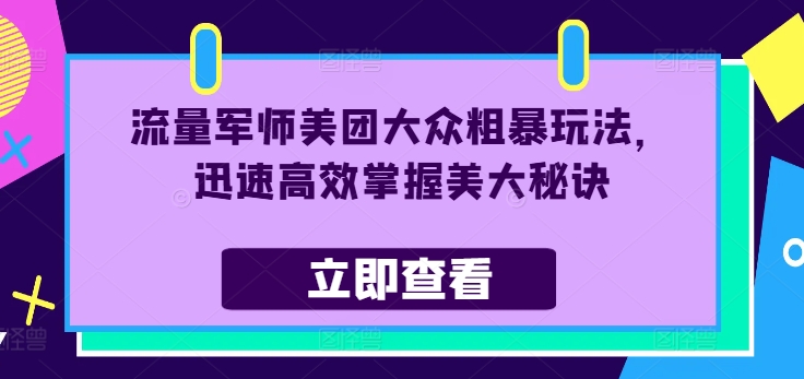 流量军师美团大众粗暴玩法，迅速高效掌握美大秘诀-轻松搞定副业 - 高效赚钱方法和建议
