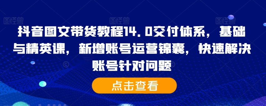 抖音图文带货教程14.0交付体系，基础与精英课，新增账号运营锦囊，快速解决账号针对问题-轻松搞定副业 - 高效赚钱方法和建议