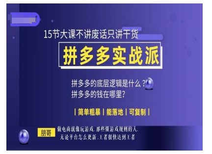 朋哥电商(拼多多实战派)，15节大课不讲废话只讲干货，简单粗暴 能落地 可复制-轻松搞定副业 - 高效赚钱方法和建议