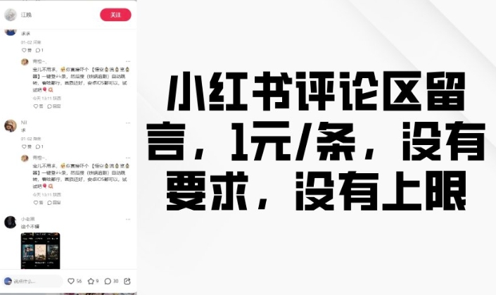 小红书评论区留言，1元条，没有要求，没有上限-轻松搞定副业 - 高效赚钱方法和建议