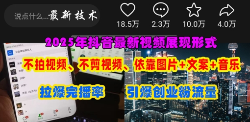 抖音最新视频展现形式，不拍视频、不剪视频、依靠图片+文案助推热门，引爆创业粉-轻松搞定副业 - 高效赚钱方法和建议