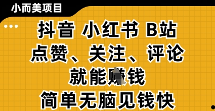 小而美的项目，抖音小红书B站视频点赞、关注、评论就能挣钱，简单无脑立见收益，妥妥的零撸项目【揭秘】-轻松搞定副业 - 高效赚钱方法和建议